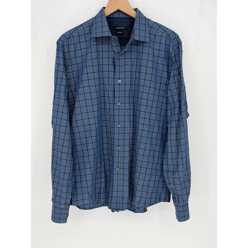 Bugatchi Button Up Shirt Mens Large Blue Plaid Shaped Fit Long Sleeve Cotton